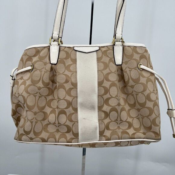 Coach Signature Stripe Brown Drawstring Shoulder Handbag Satchel F28501 - Picture 3 of 11